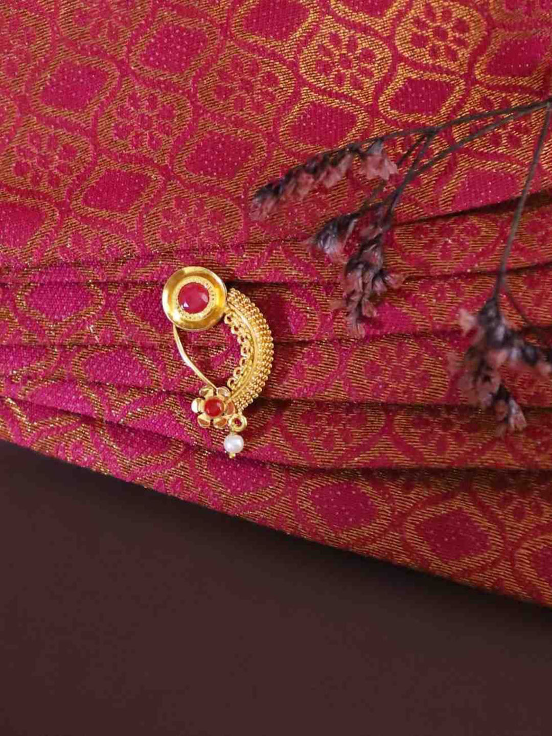Anouk Gold-Plated Artificial Stones Studded & Pearls Beaded Septum Maharashtrian Nosepin