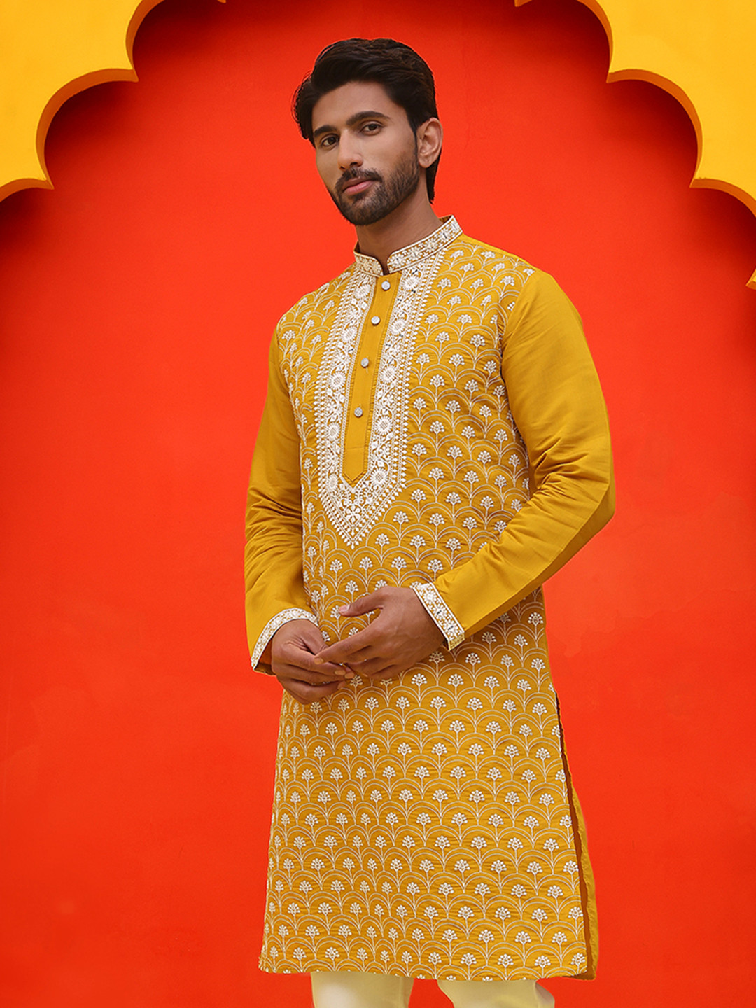 Jompers Floral Embroidered Mandarin Collar Sequinned Silk Cotton Straight Kurta