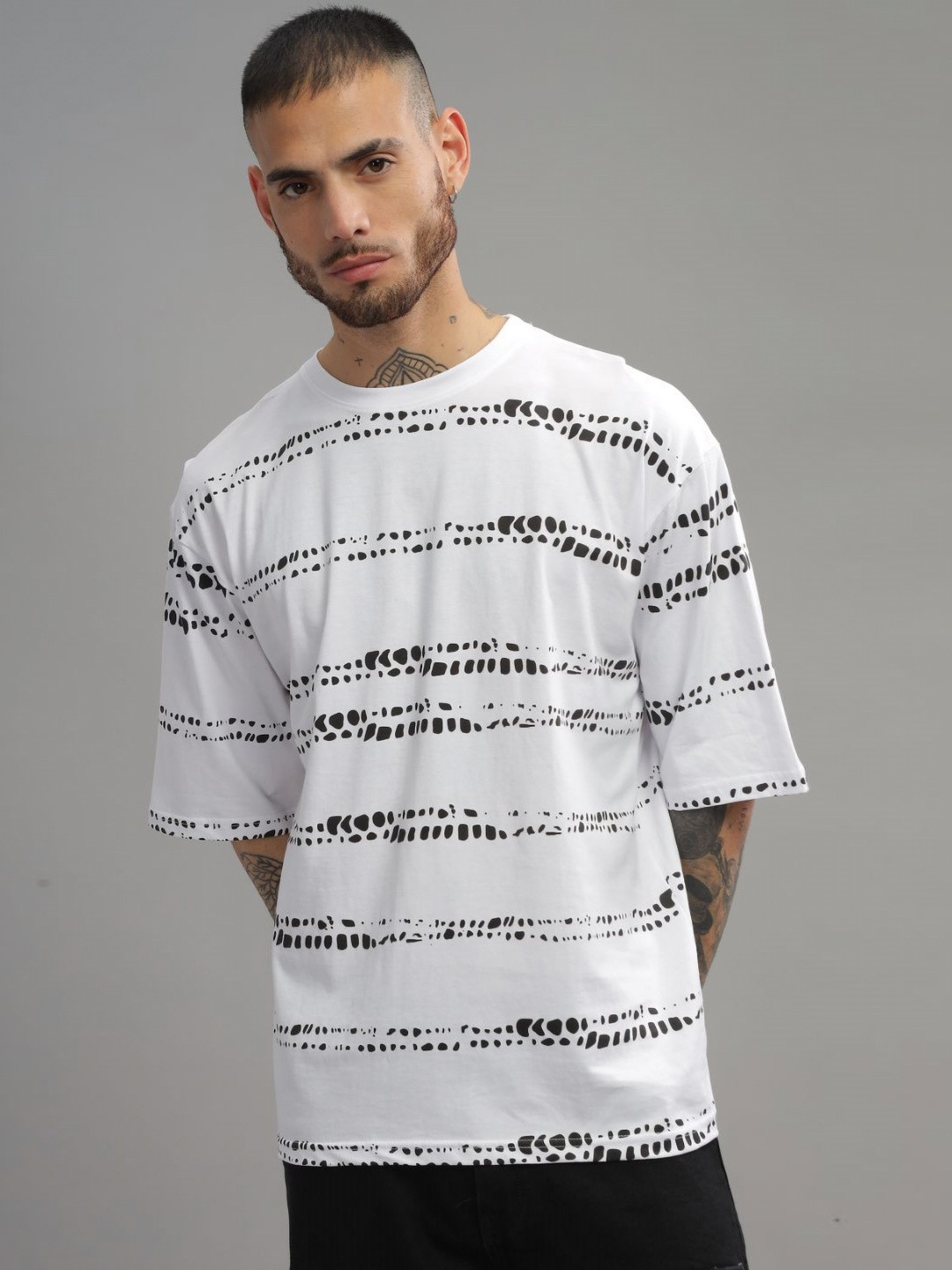 LAUREN ADAMS Men Self Design Round Neck Oversized T-shirt