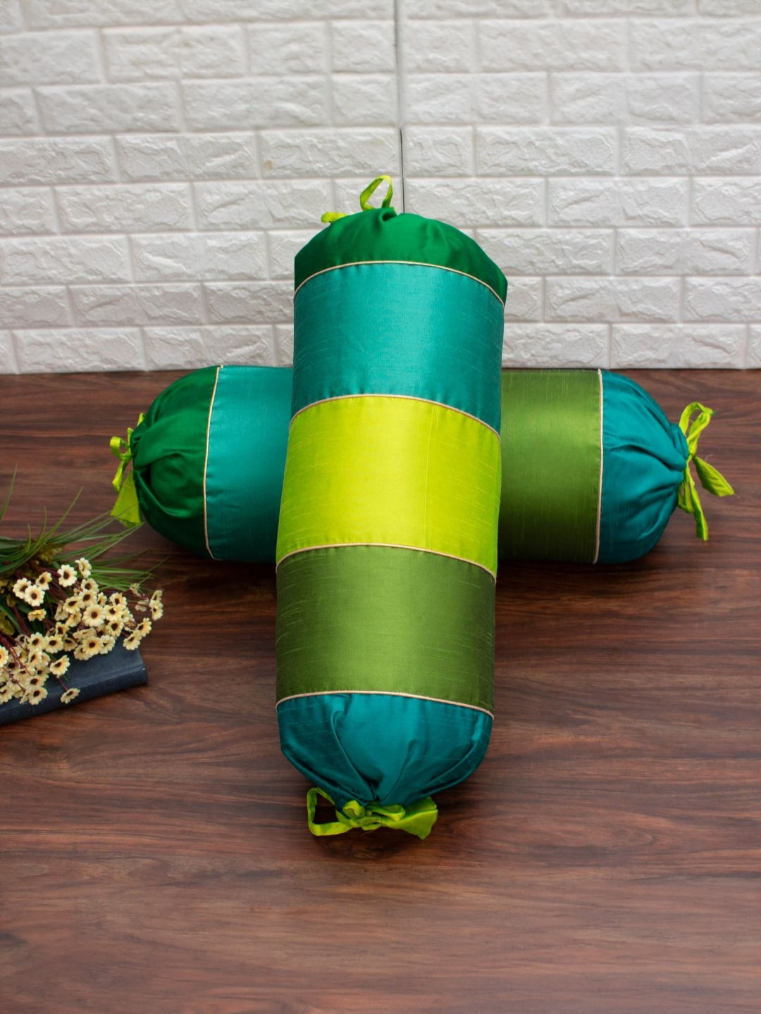 RoyalDeco Green & Olive 2 Pieces Shades Designer Silk Bolster Covers