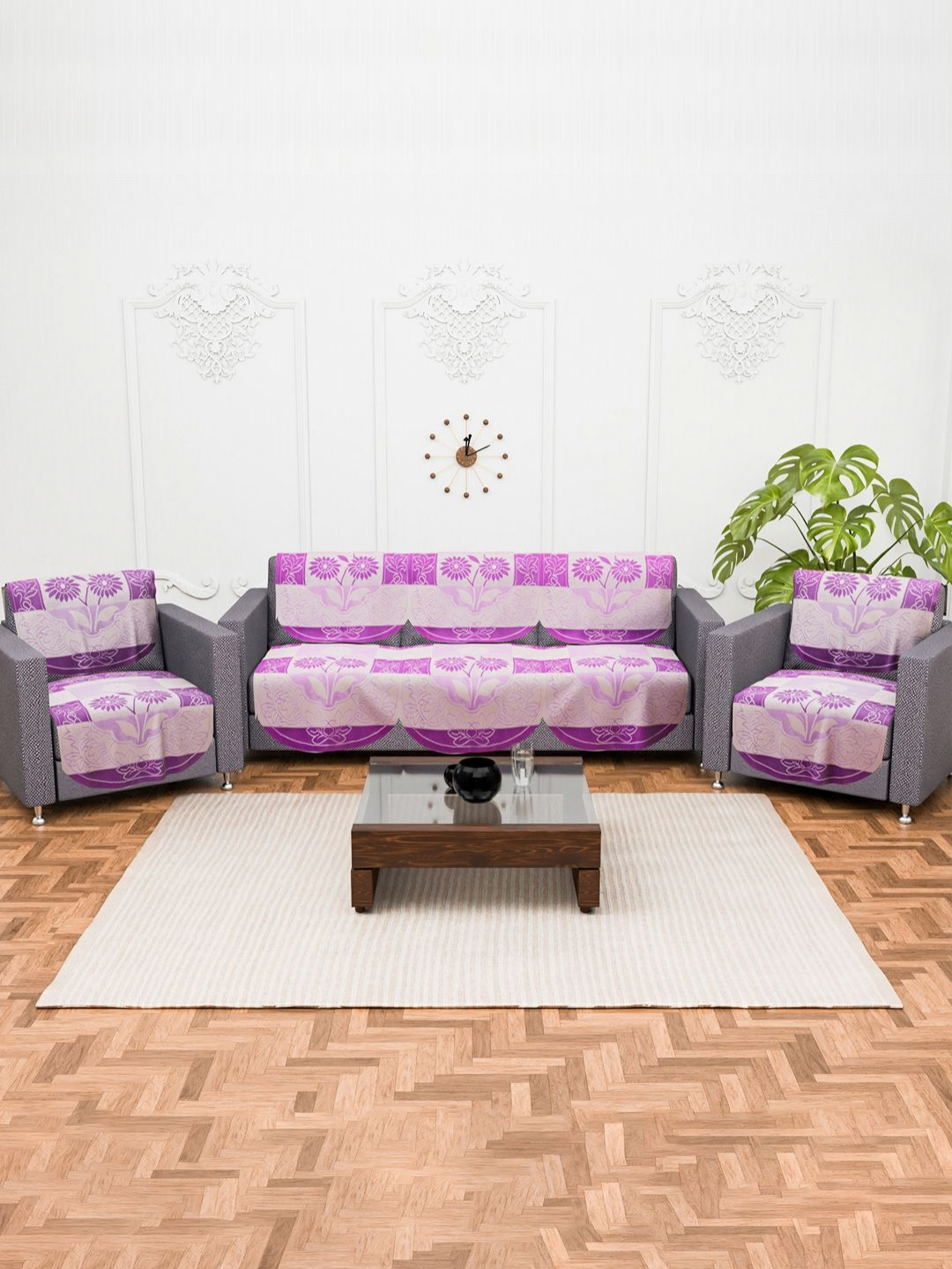 Aura Purple & White Set of 10 Stylish & Durable Cotton 5 Seater Sofa Cover Sofa Protector