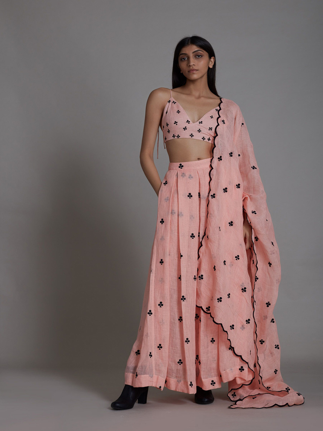MATI Printed Shoulder Straps Ready to Wear Linen Lehenga & Blouse With Shrug