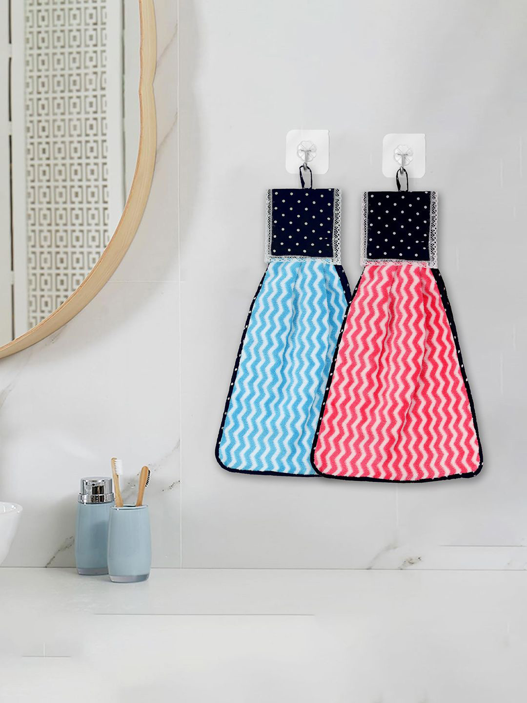 Kuber Industries Pink & Blue 2 Pieces Zig Zag Washbasin Hanging Kitchen Towel With Ties