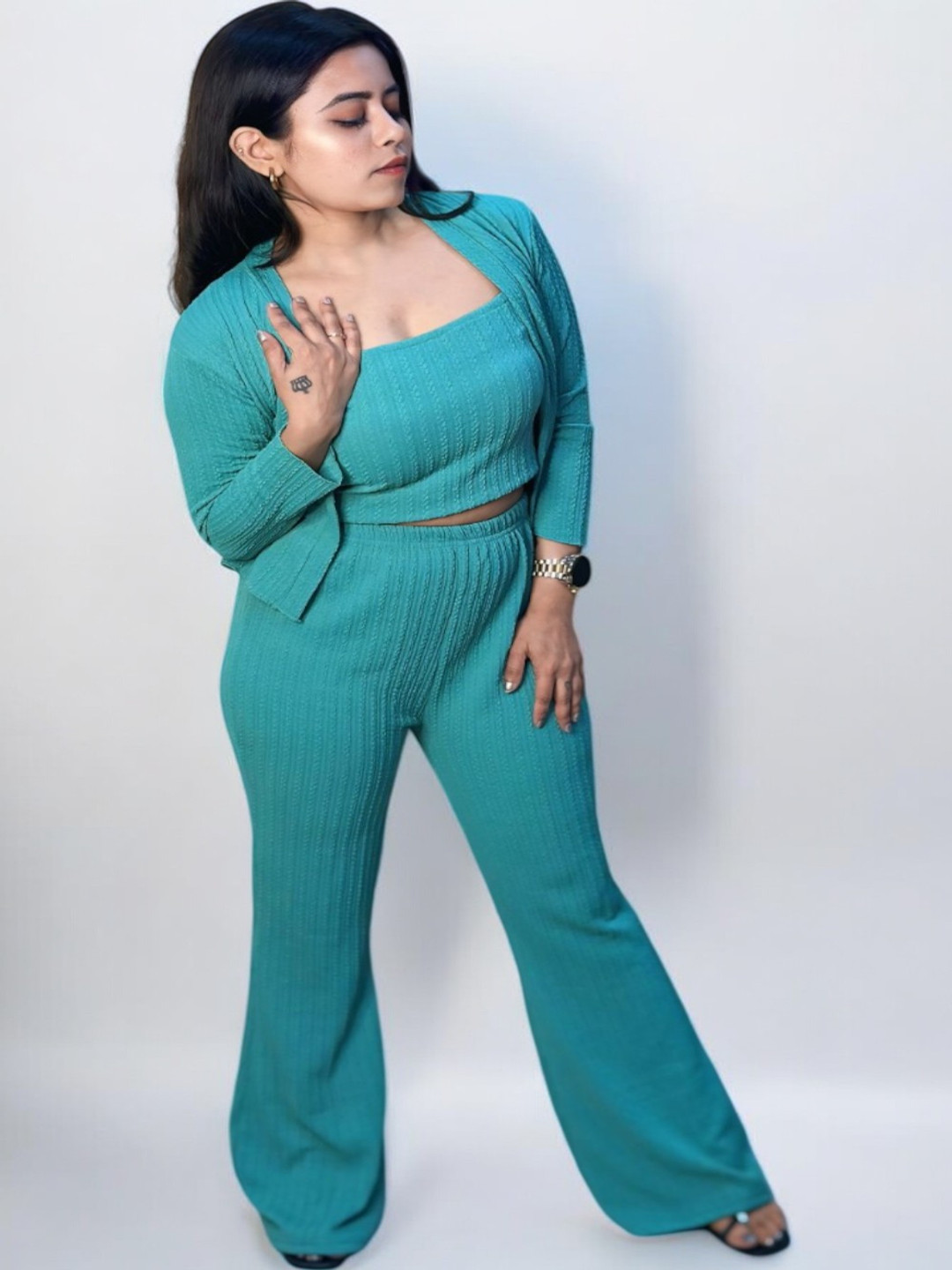 HOW House Of Wear Self Design Shoulder Straps Crop Top & Trousers With Shrug