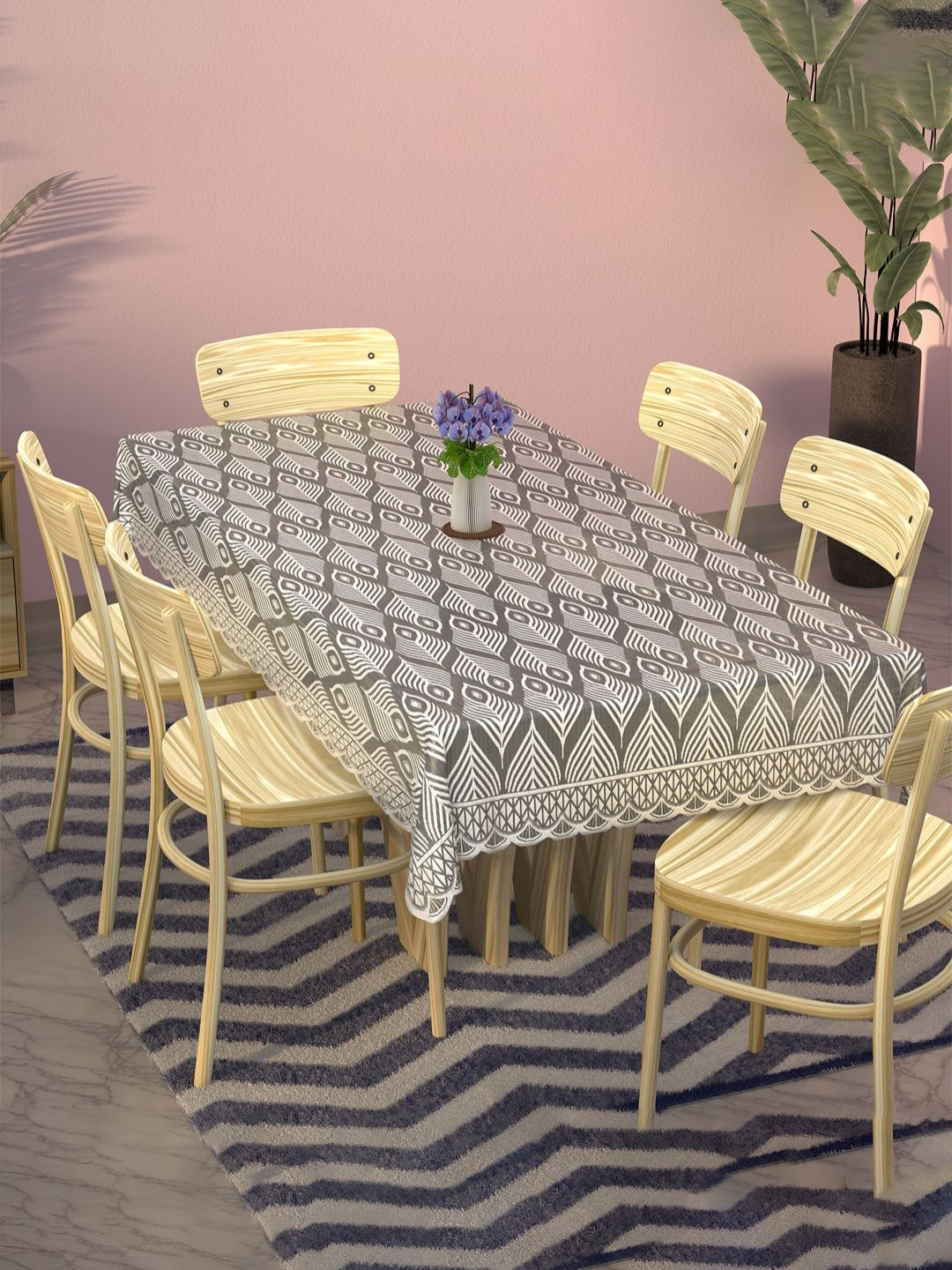 Aura Grey Printed Anti-Skid Cotton Rectangle 6-Seater Table Cover & Textured details