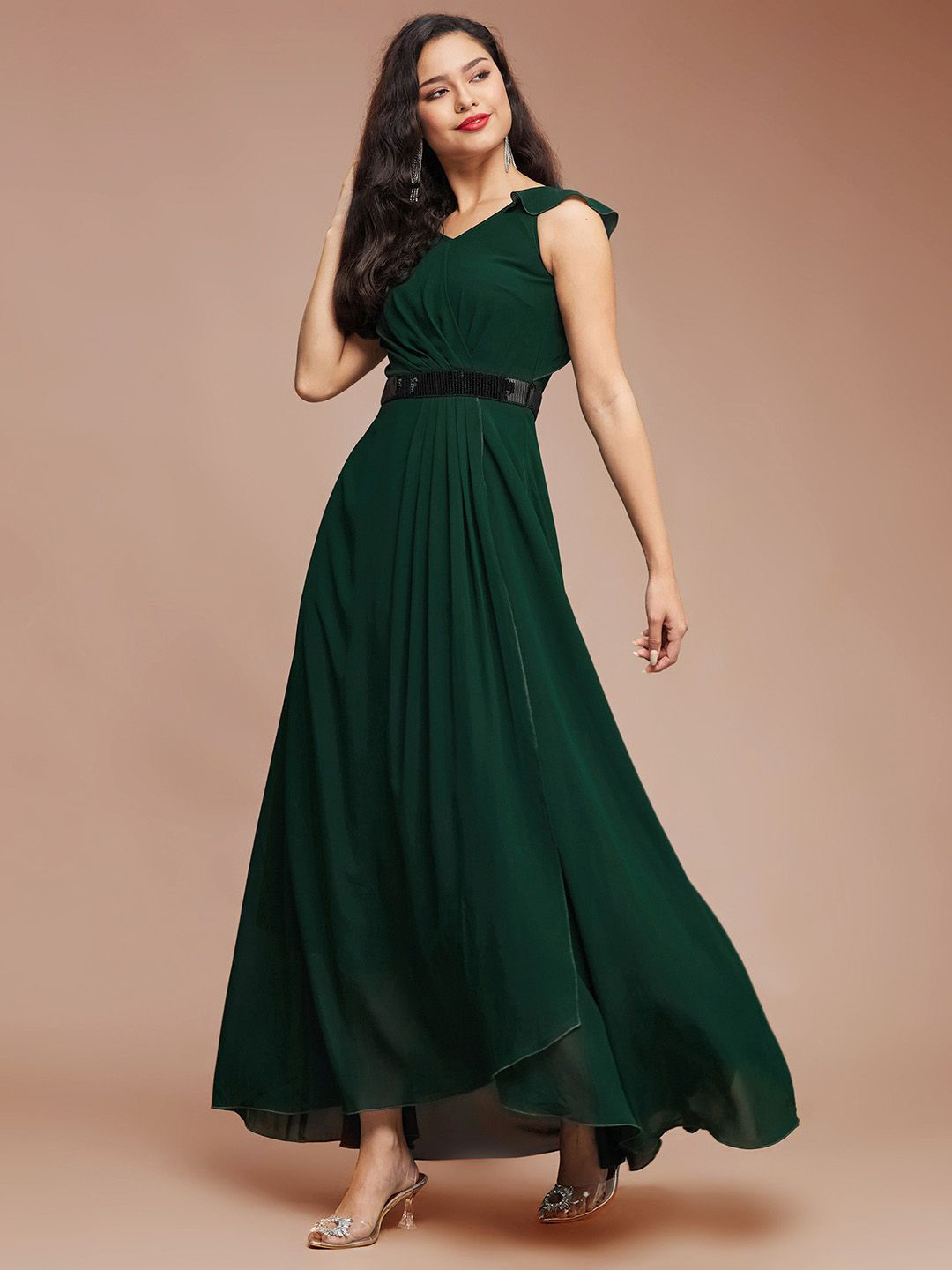all about you Women V-Neck Ruffled Sleeve Solid Embellished Maxi Dress