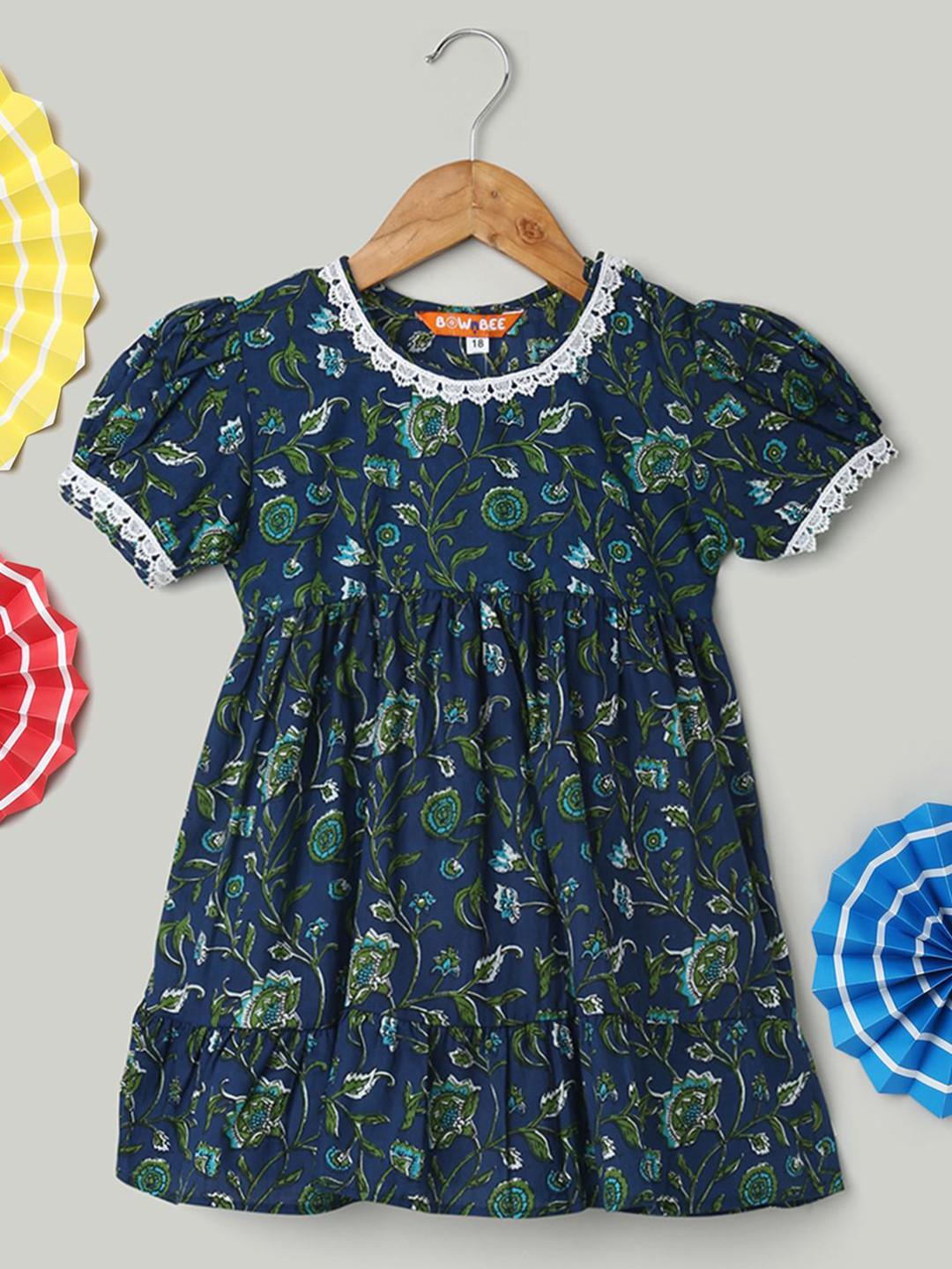 BownBee Floral Puff Sleeve Fit & Flare Midi Dress