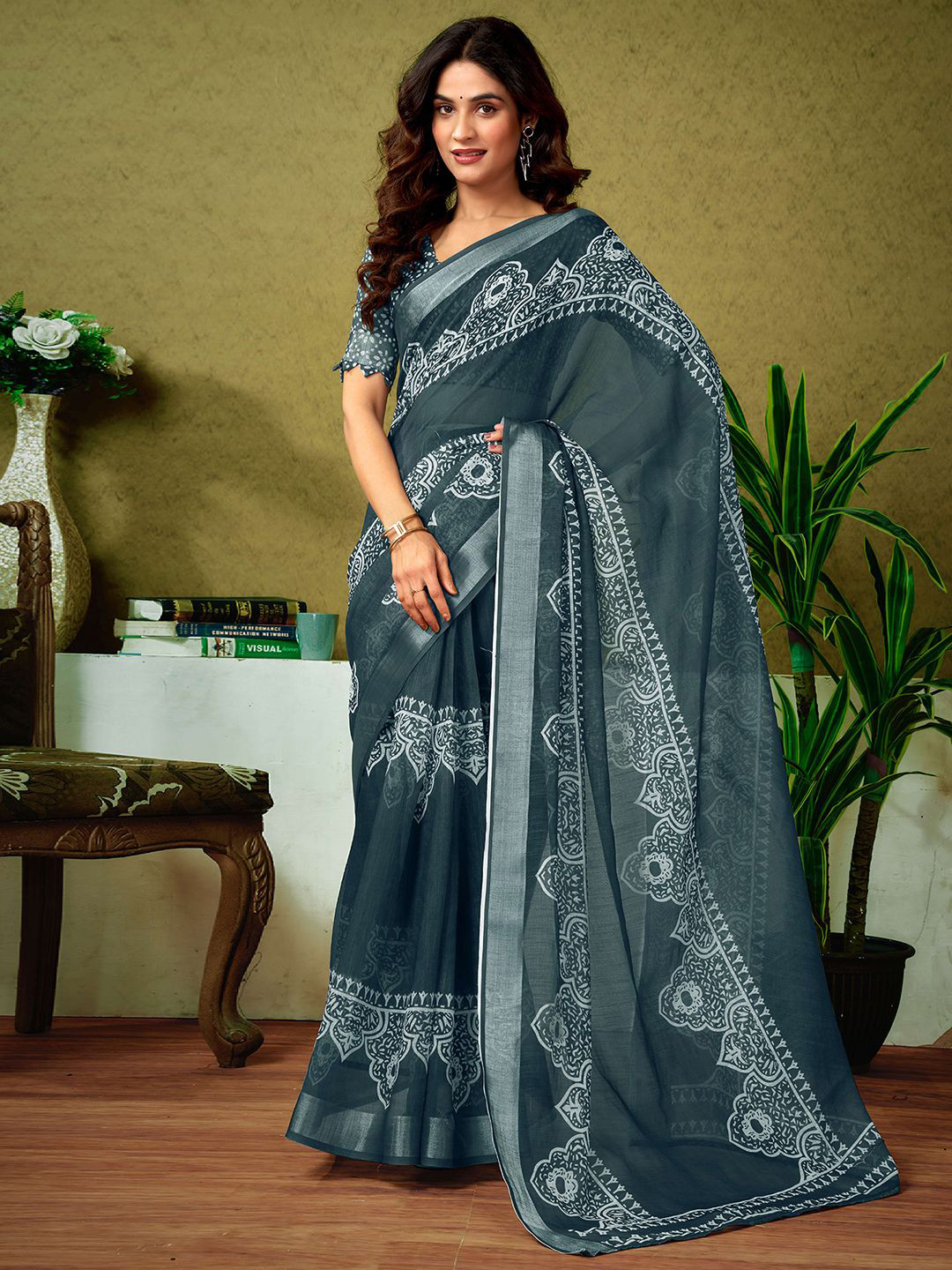 all about you Dabu Zari Pure Linen Ready to Wear Tussar Saree