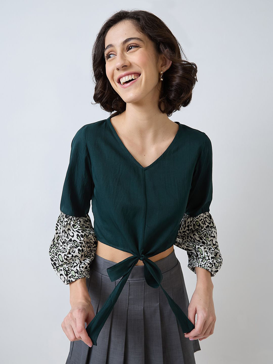 SZN Puff Sleeve Tie-Front Crop Top