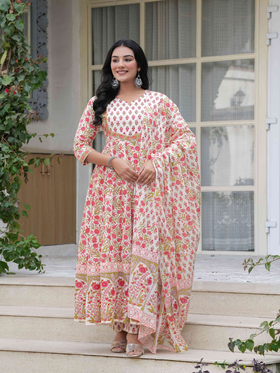 JAIMINI Women Floral Printed Layered Mirror Work Pure Cotton Kurta with Trousers & With Dupatta