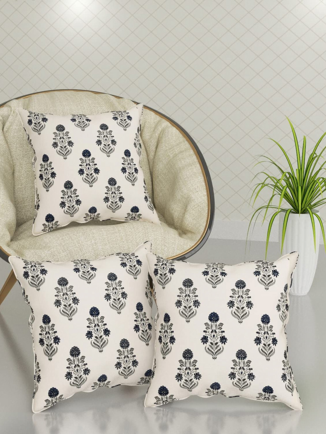 Trance Home Linen Blue & White 3 Pieces Floral Printed Linen Square Cushion Covers