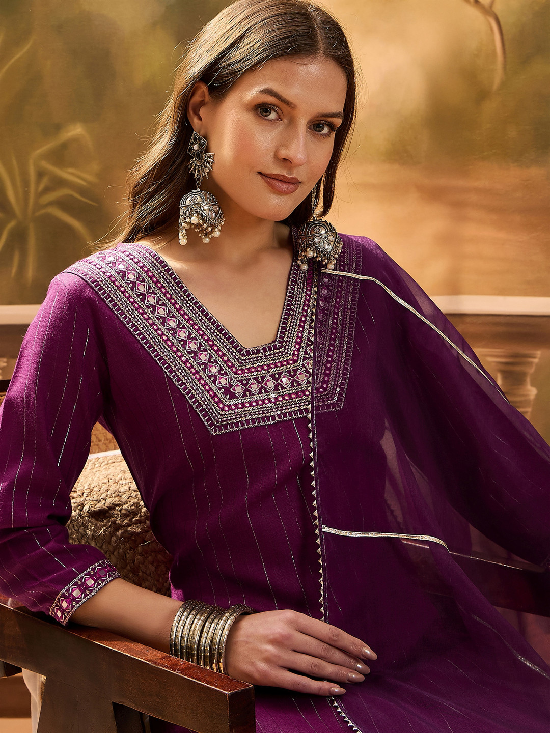 Sangria Women's Purple Woven Design & Embroidered Cotton Blend Straight Kurta Pant Dupatta Set