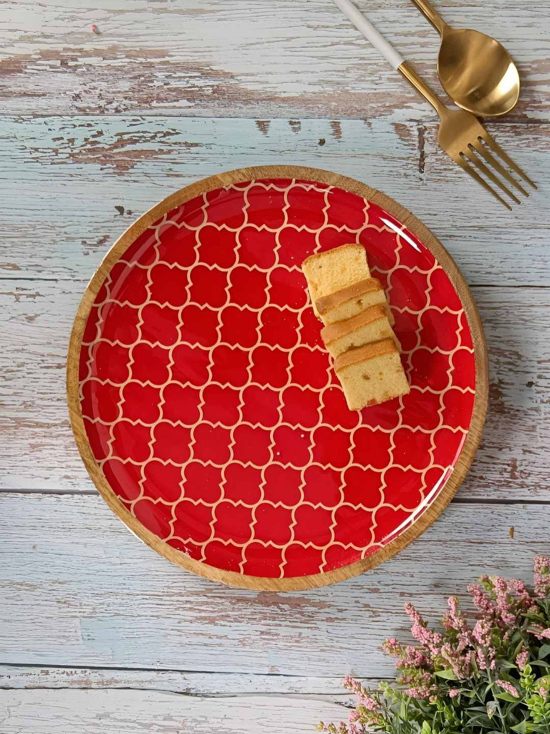 Myntra Elegant Homes Red & Cream Coloured Wooden Hand-Painted Food Platter
