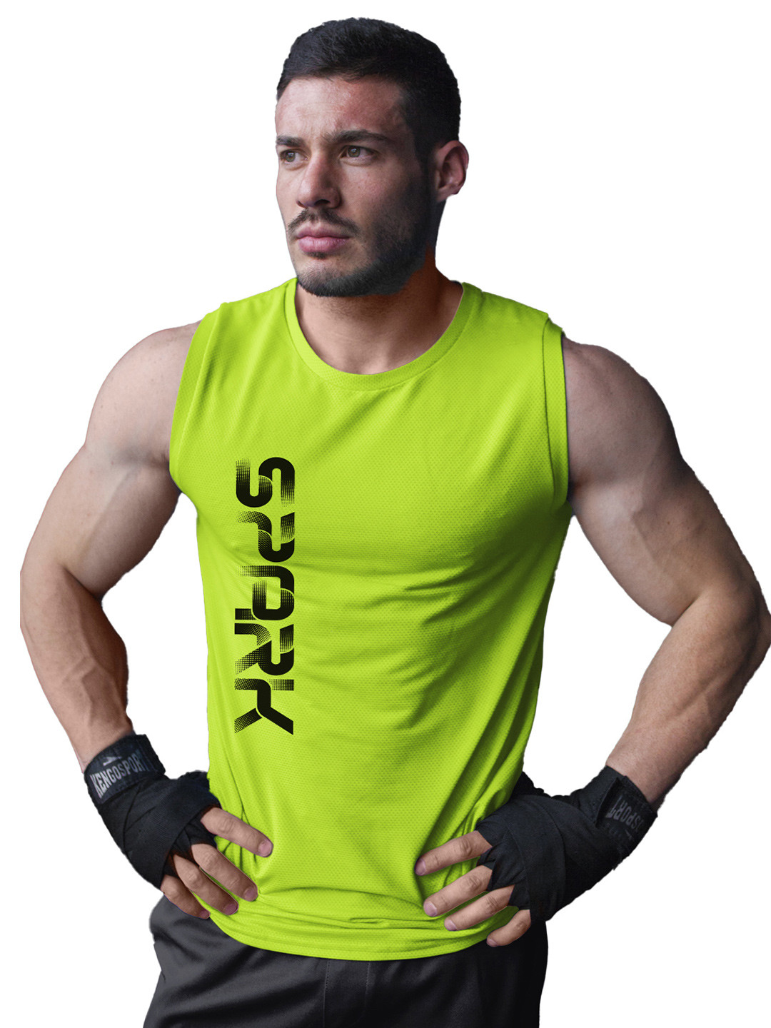 3Colors Printed Pure Polyester  Round Neck Gym Vest VEST-CCUT-SPARK-GREEN_M
