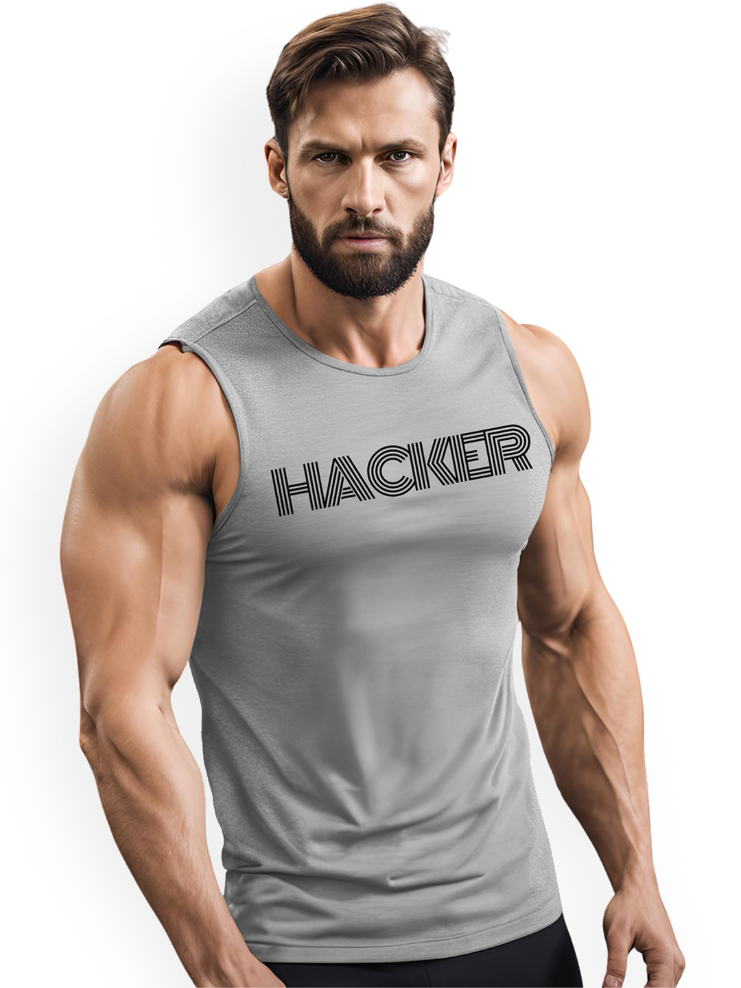3Colors Printed Round Neck Gym Vest VEST-CCUT-HACKER-GREY_M