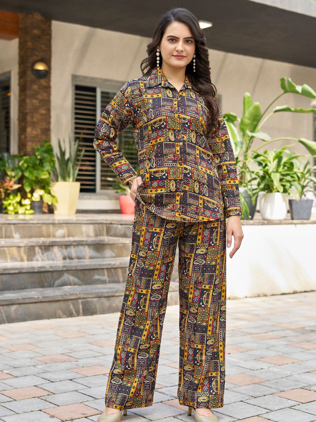 PEACH PIPER Ethnic Printed Collar Shirt With Trousers