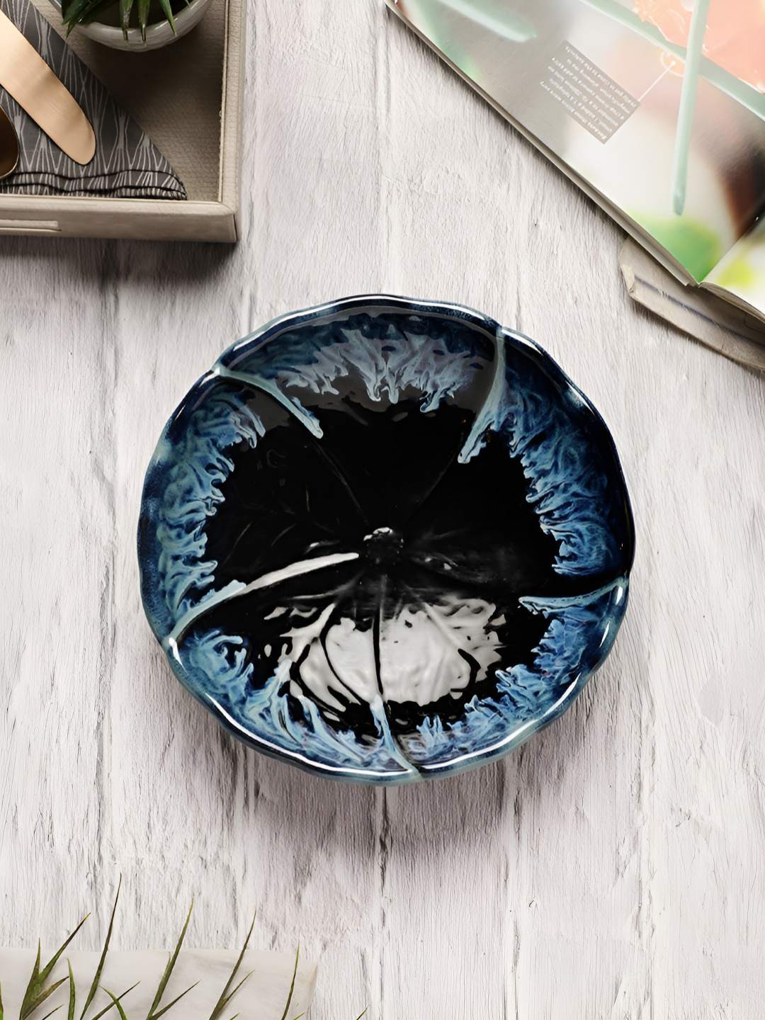 Myntra Elegant Homes Navy Blue Ceramic Hand-Painted Food Platter