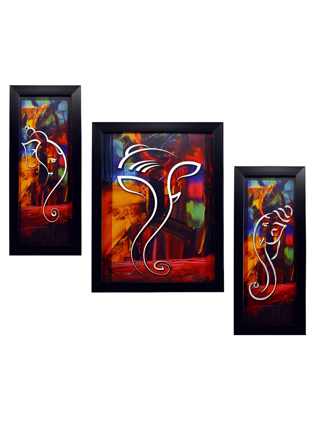 Indianara Lord Ganesha Black Wood 3 Pcs Wall Living Room Rectangle Photographs Wall Art