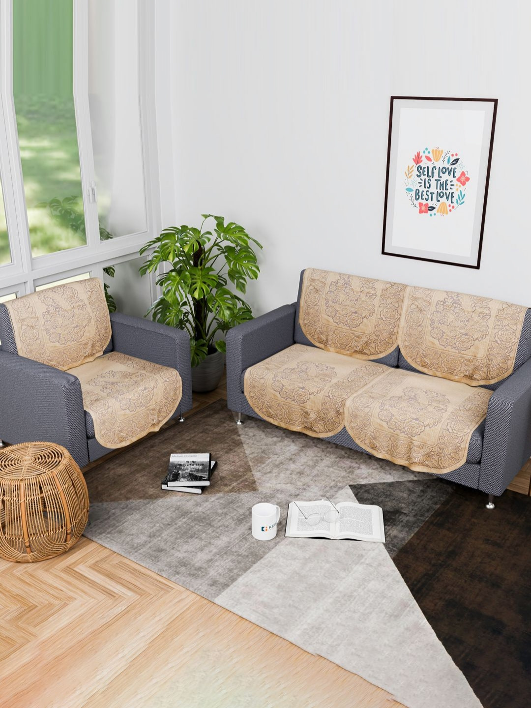 Aura 6 Pieces Beige Floral Printed Cotton Sofa Covers 2+1 Seater