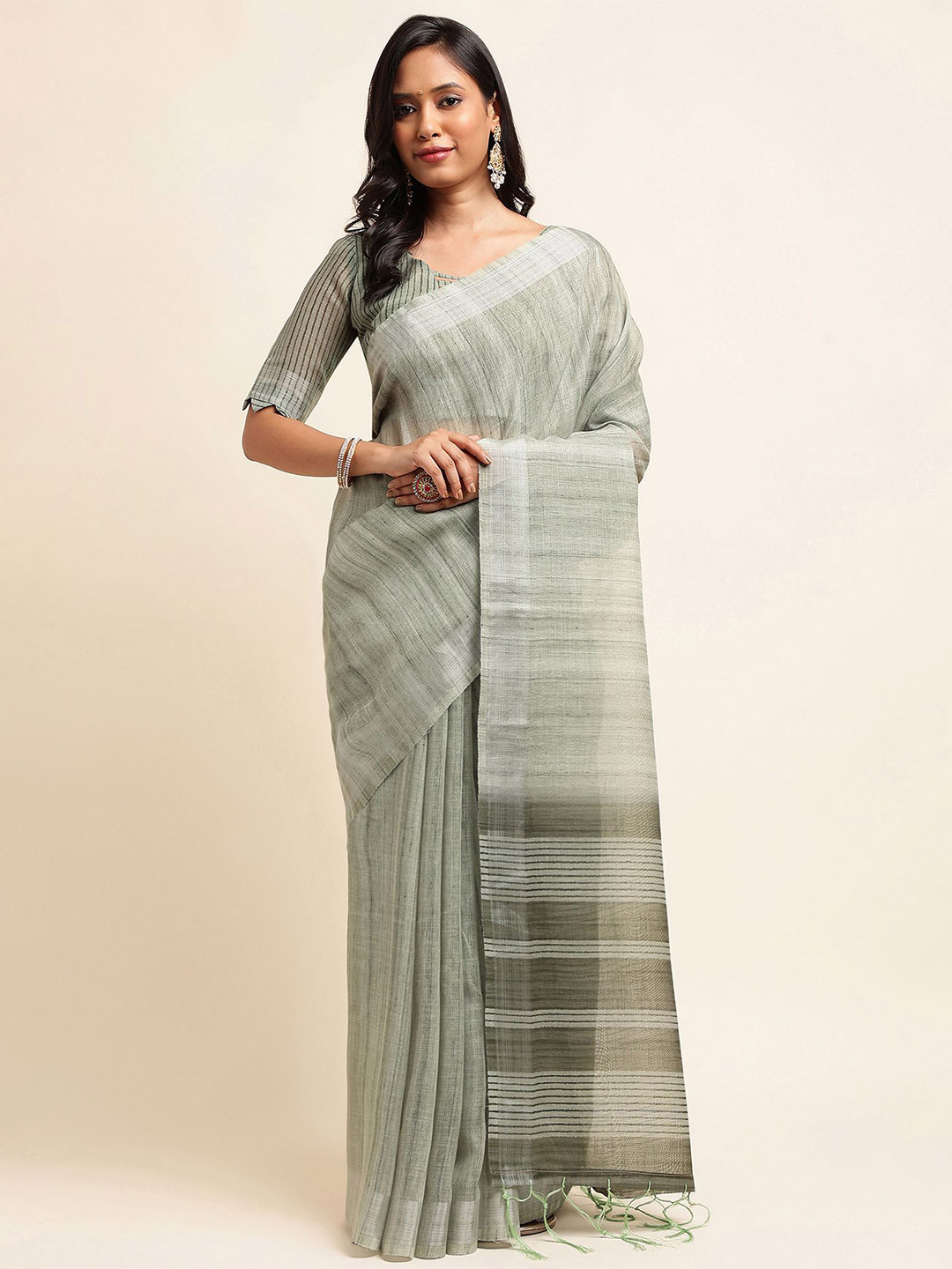 DIVASTRI Striped Linen Blend Designer Banarasi Saree
