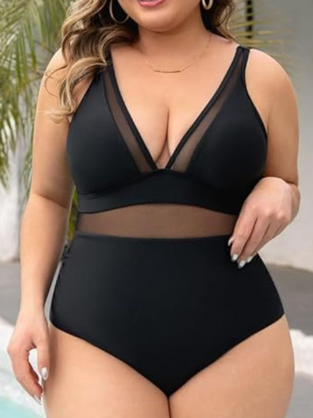 Plus Curvves V Neck Tummy Control Bodysuits Adjustable Wide Straps Black