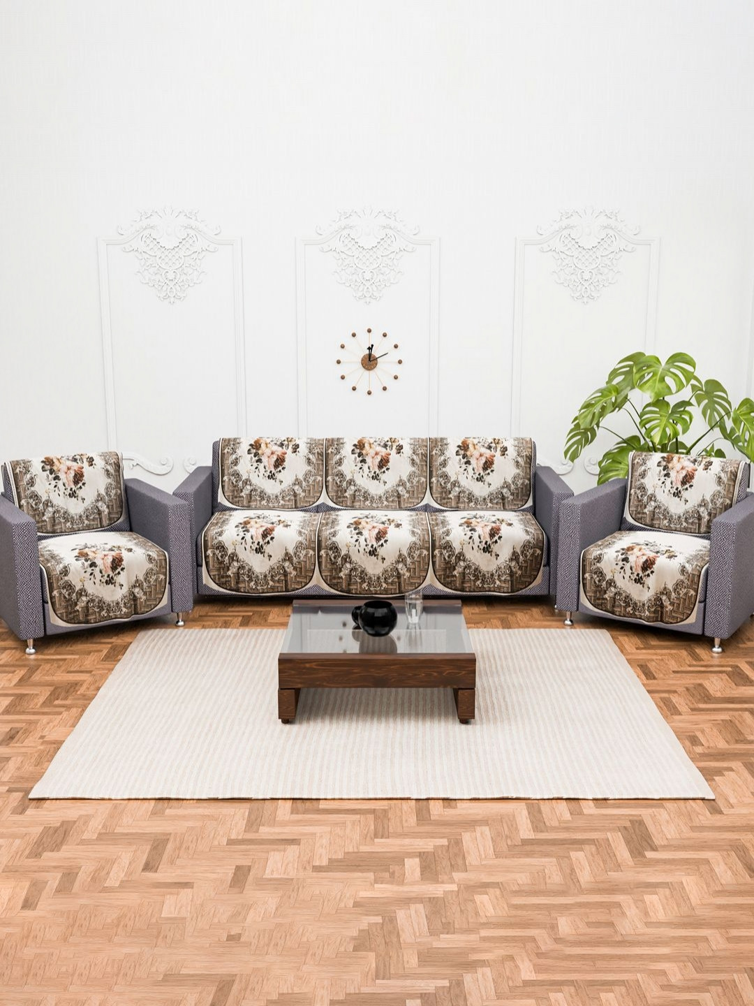 Aura Cream & Brown Set of 10 Stylish & Durable Velvet Sofa Covers 5 Seater Sofa Protector