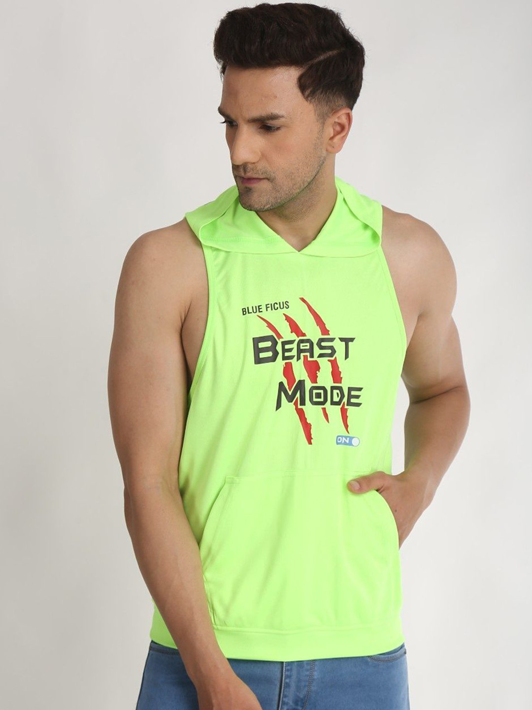 BLUEFICUS Printed Cotton Hooded Vest A_301-Gym Hooded Vest-Green-M