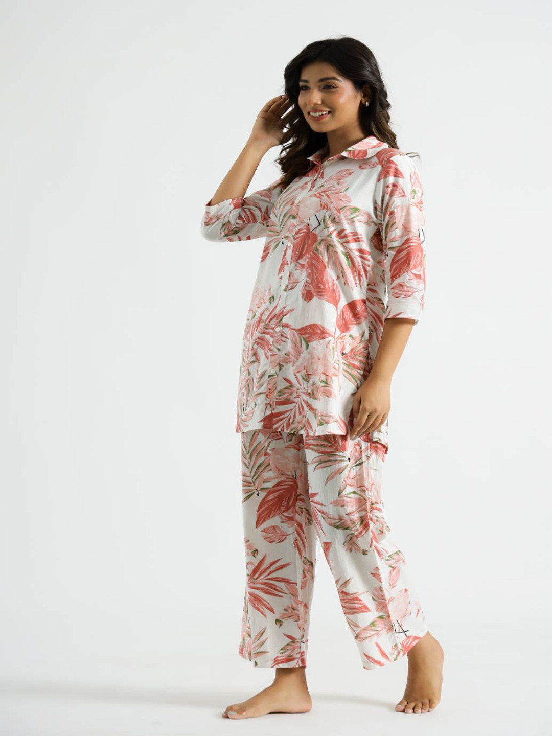 FLAVIA CREATION Floral Printed Shirt Collar Pure Coton Top With Trousers
