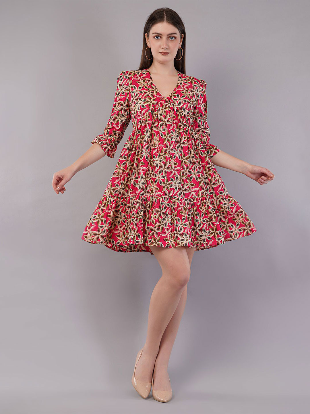 FLY STITCH Floral Print Puff Sleeve Fit & Flare Mini Dress