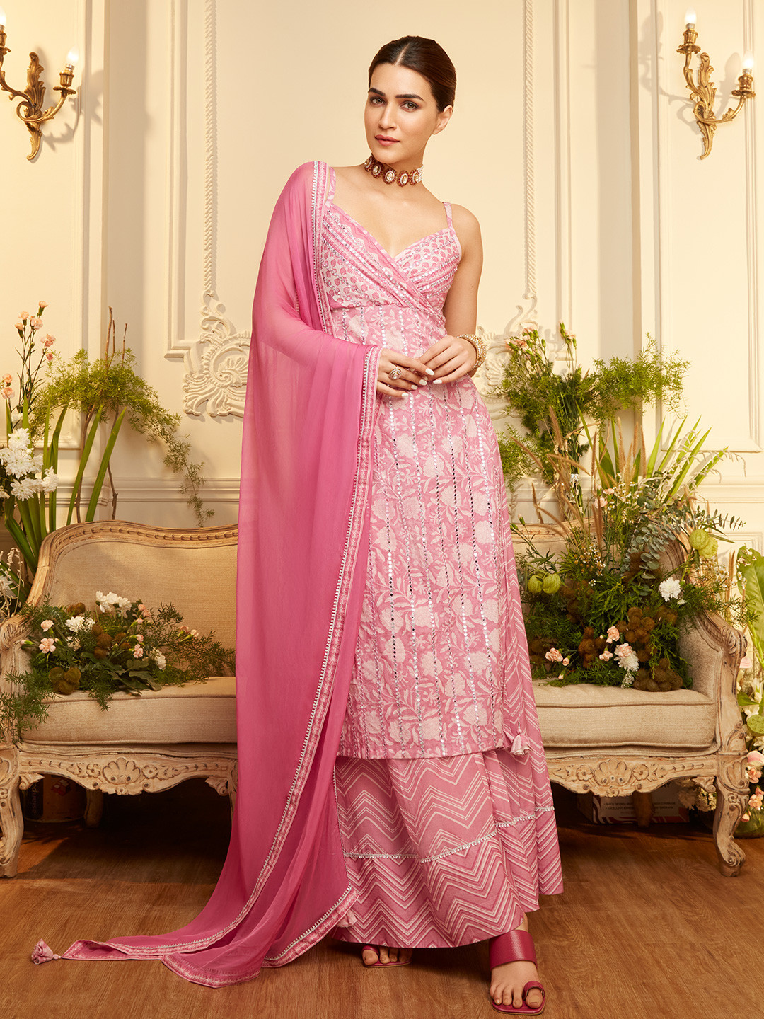 Biba Floral Printed Empire Shoulder Straps Mirror Work Kurta With Palazzos And Dupatta