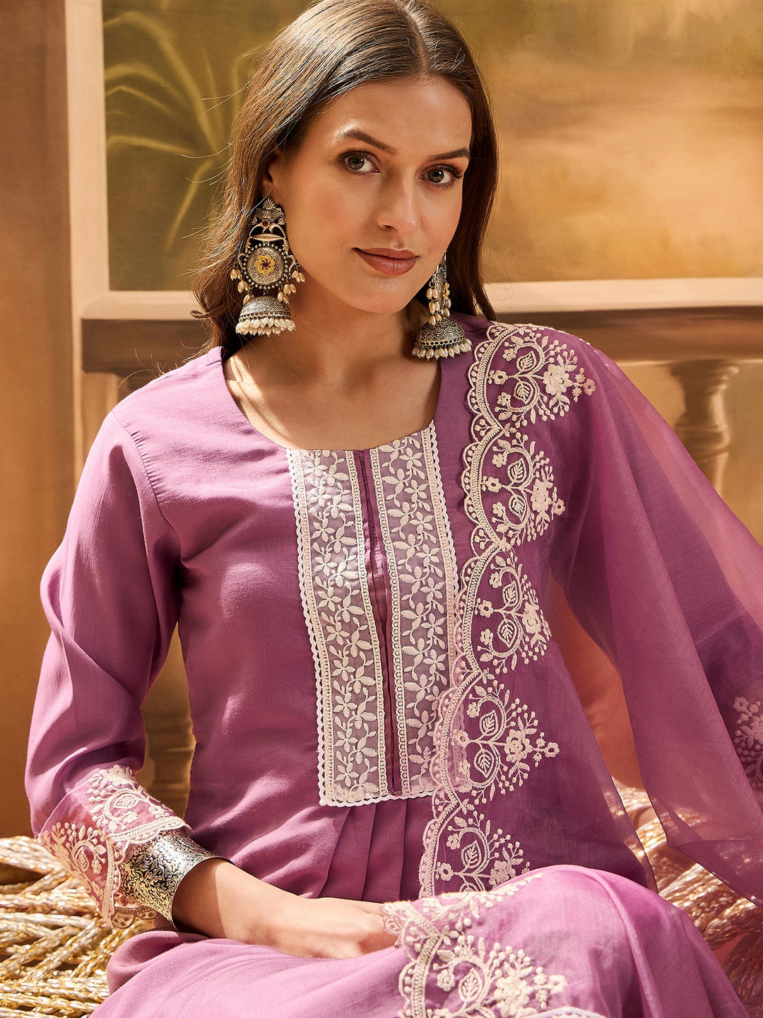 Sangria Women's Mauve Embroidered Silk Blend Straight Kurta Pant Dupatta Set