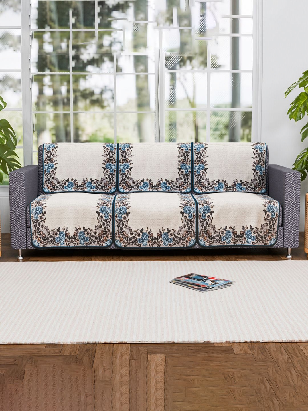Aura Cream & Blue 2 Pieces Gulab Border Cotton 3 Seater Sofa Cover