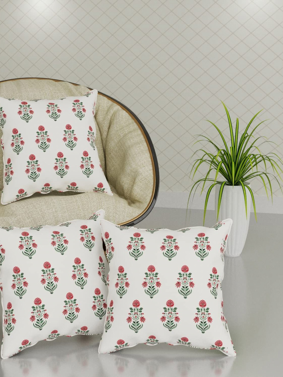 Trance Home Linen Red & White 3 Pieces Floral Printed Linen Square Cushion Covers