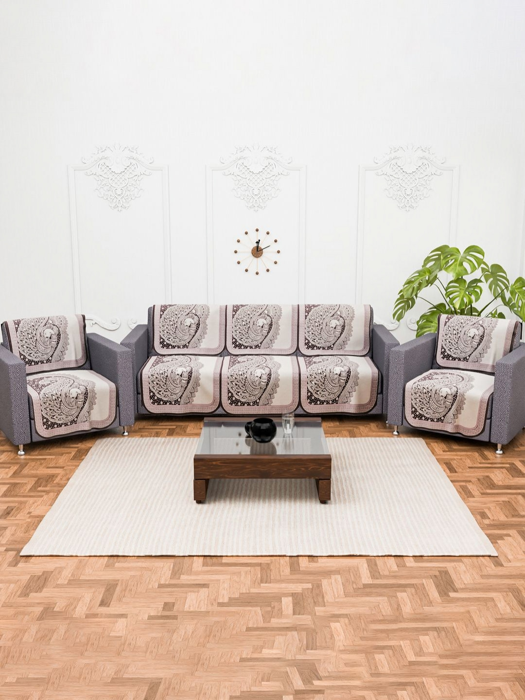 Aura Purple & White Set of 10 Stylish & Durable Cotton 5 Seater Sofa Cover Sofa Protector