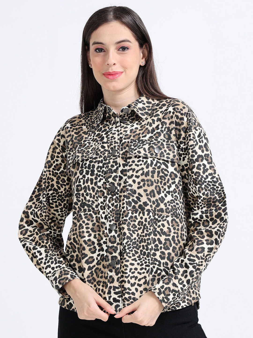 GLAM & CHIQUE Women Regular Fit Heavyweight Cotton Leopard Printed Shirt