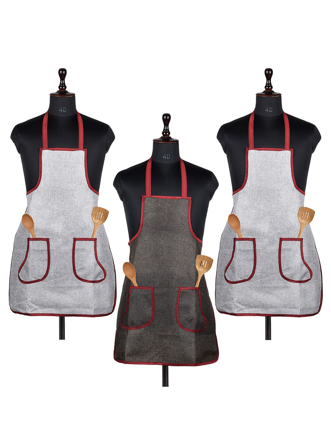 Kuber Industries Grey and Charcoal 3 Pieces Jute 2 Front Pocket Kitchen Aprons