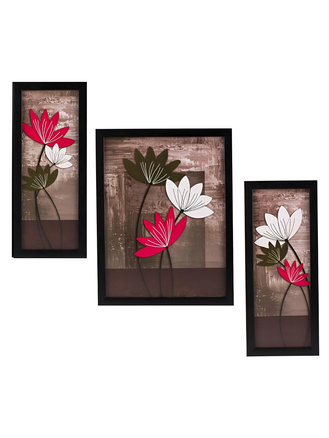 Indianara Grey & Pink 3 Piece Wood Floral and Botanical Wall Paintings