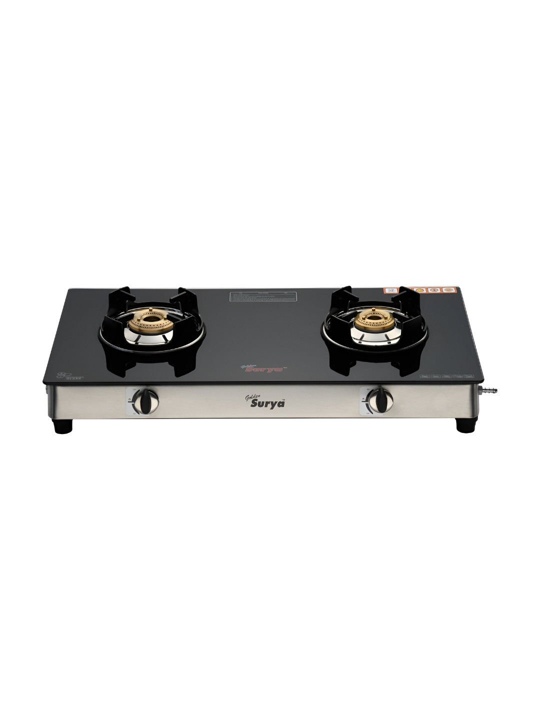 GOLDEN SURYA Black V2 Burner Glass Top Manual Gas Stove