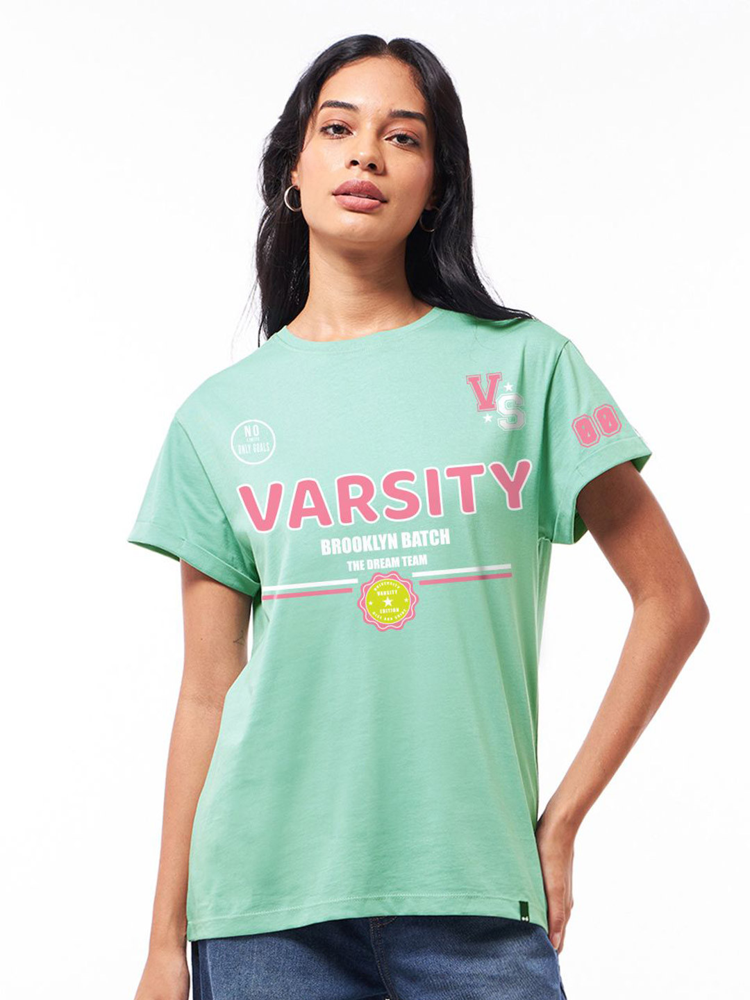 Bewakoof Women's Granite Green Brooklyn Batch Graphic Printed Boyfriend T-shirt