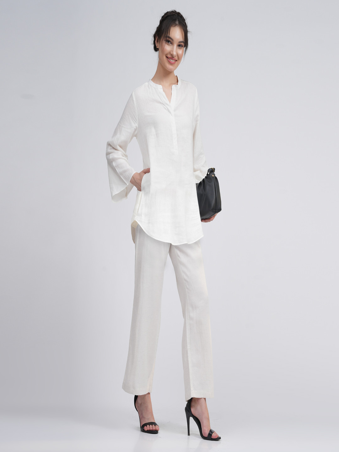 Saltpetre Bell Sleeves Linen Short Tunic With Pants Co-Ord Set