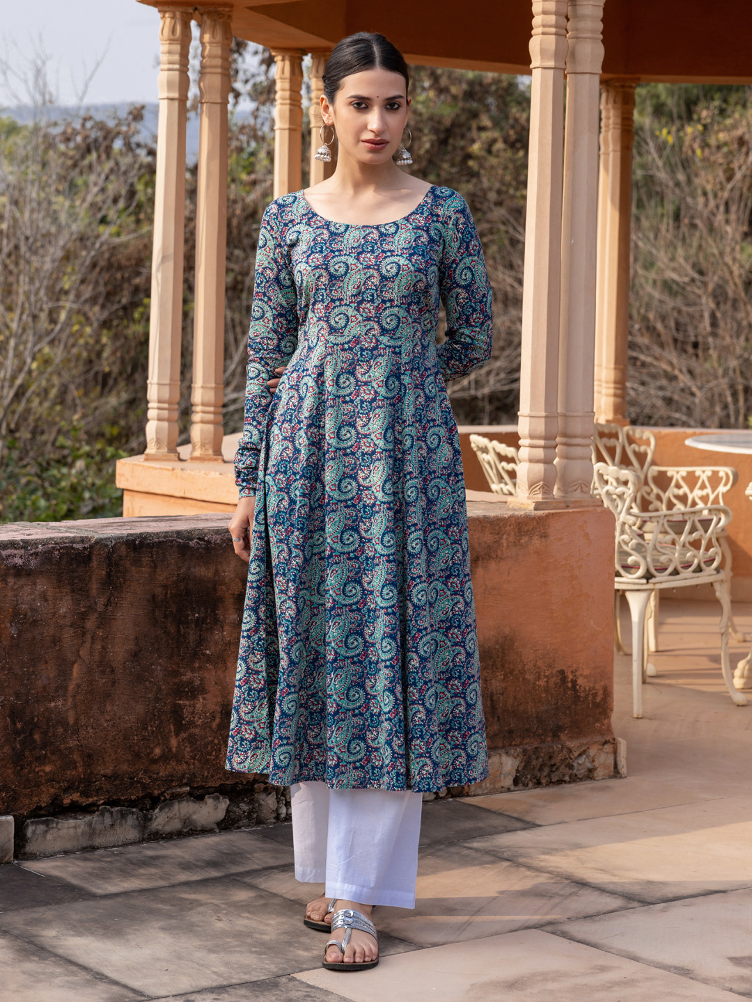 FIORRA Women's Blue Paisley Printed Cotton Anarkali Kurta