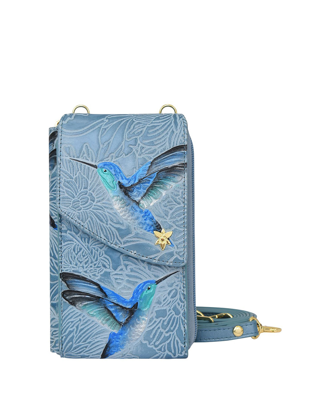 Anuschka Hand Painted Tooled Birds Sky Leather Crossbody Phone Case