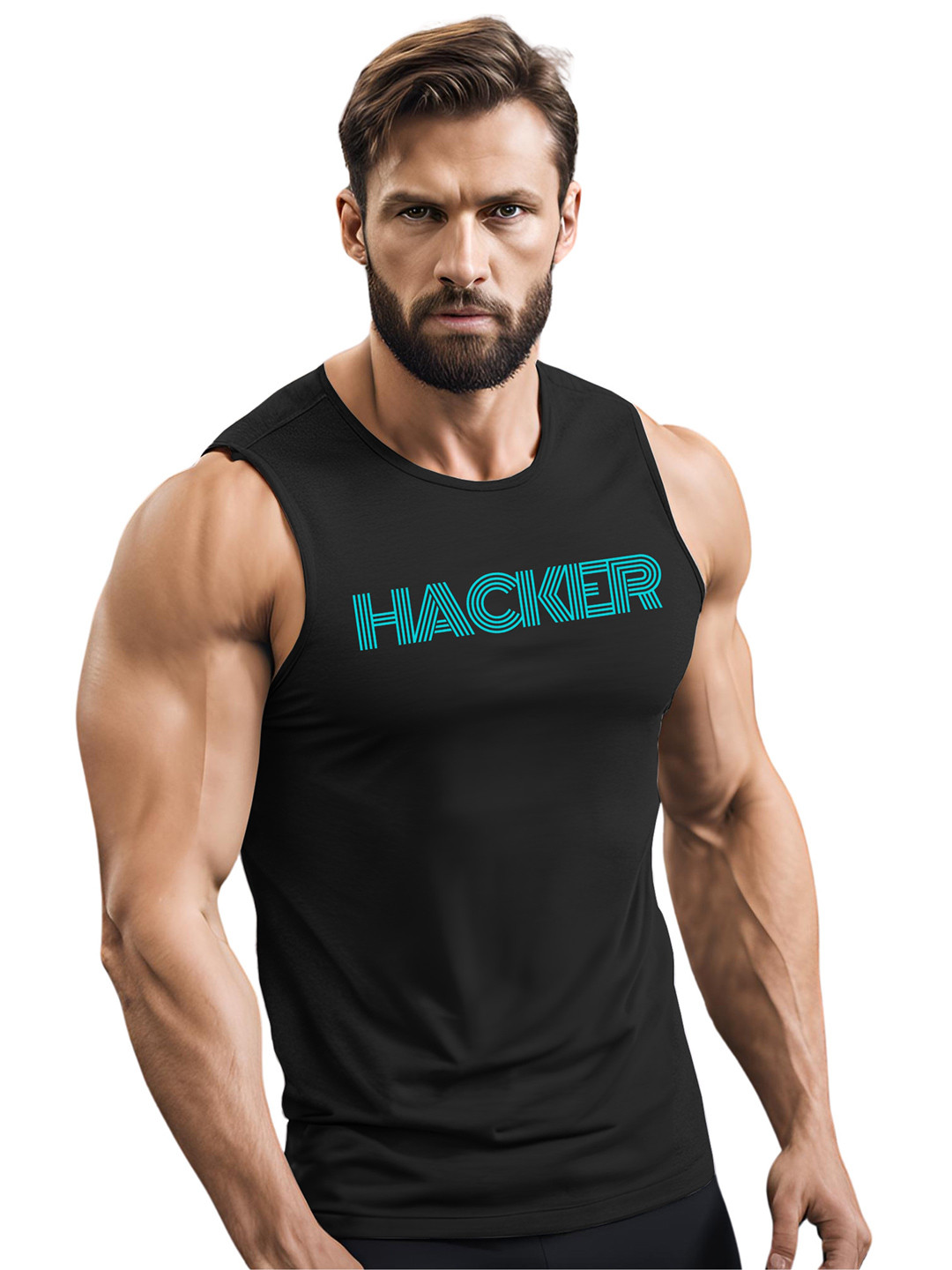 3Colors Printed pure  Polyester Round Neck Gym Vest VEST-CCUT-HACKER-BLK_M