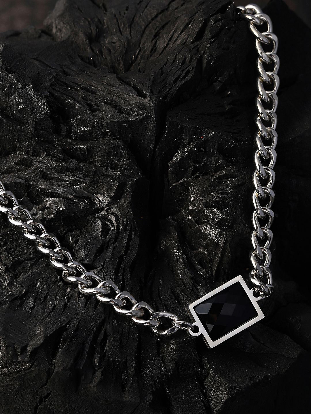 French Accent Men Silver-Plated The Block Artificial Stone Studded Pendant Chain
