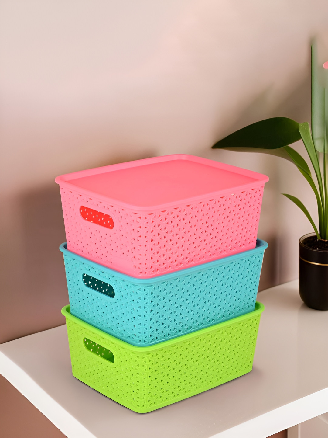 Aura Pink And Blue 3 Piece Stackable Plastic Storage Basket Organisers with Lid