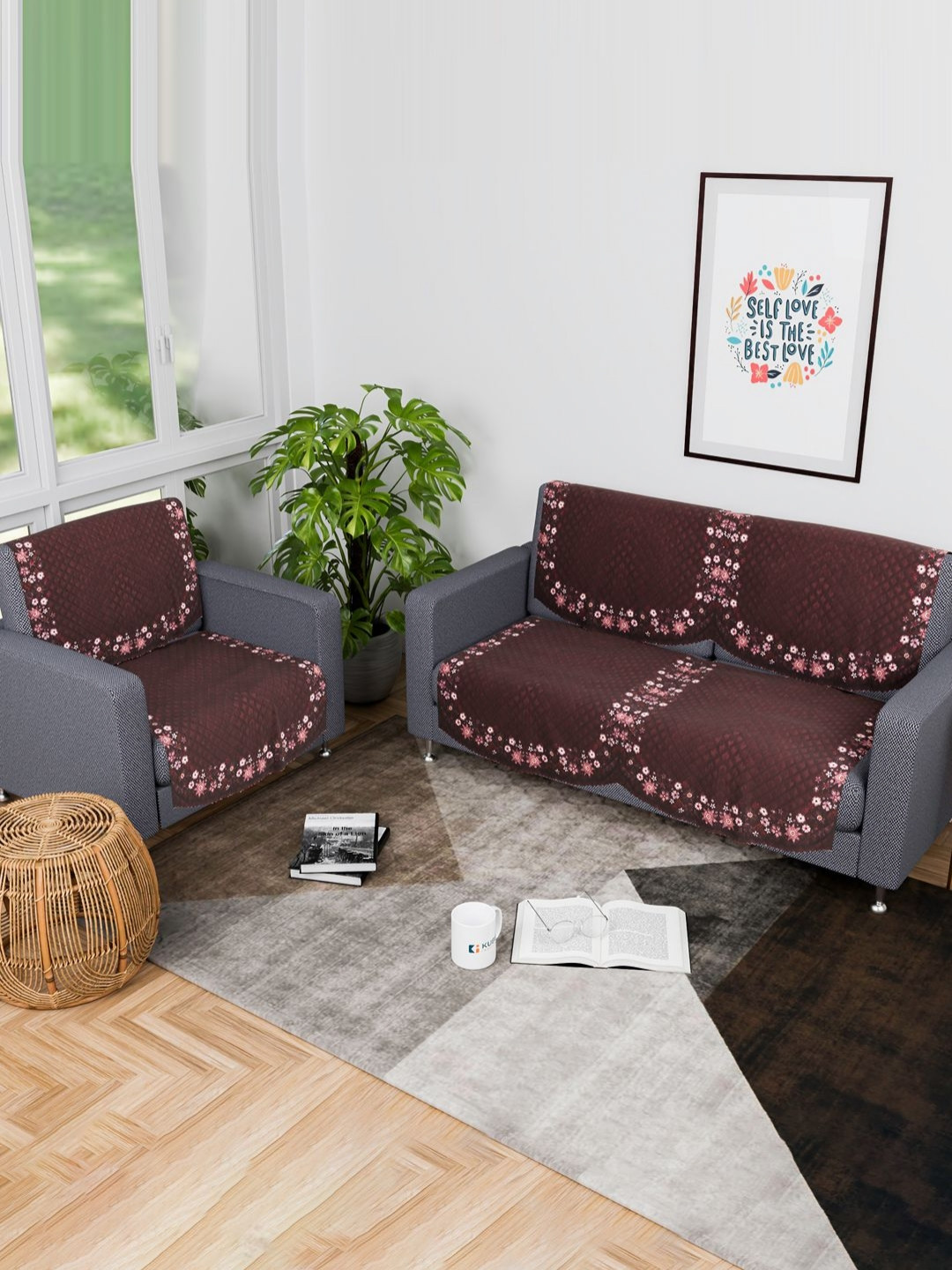 Aura Brown & Pink 6 Pieces Velvet Classic 2+1 Seater Sofa Cover