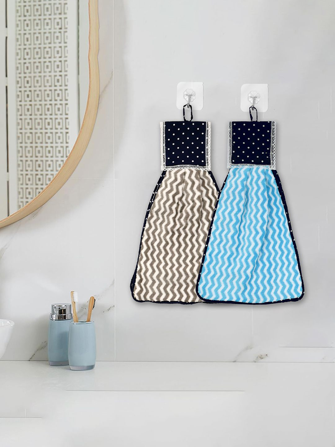 Kuber Industries Grey & Blue 2 Pieces Zig Zag Washbasin Hanging Kitchen Towel With Ties
