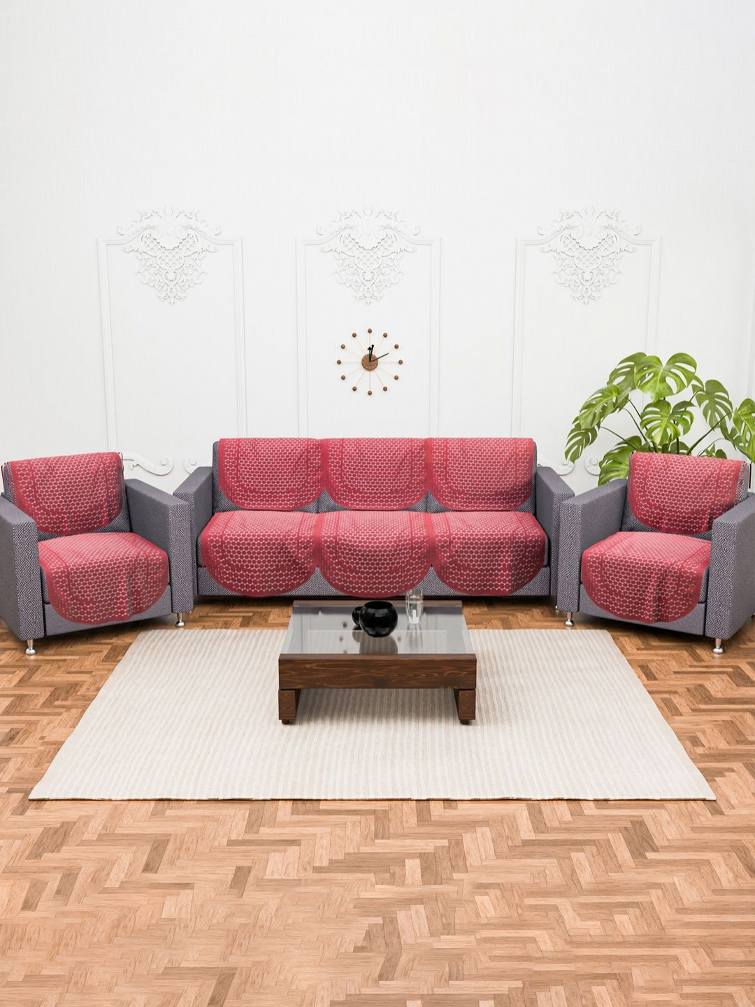 Aura Maroon 6 Pieces Polka Dot Design Cotton 5 Seater Sofa Cover