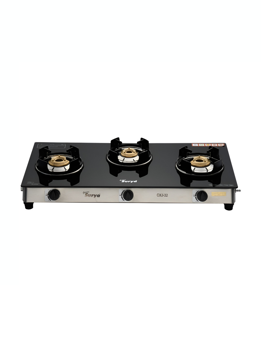 GOLDEN SURYA Black 3 Burner Glass Top Manual Gas Stove