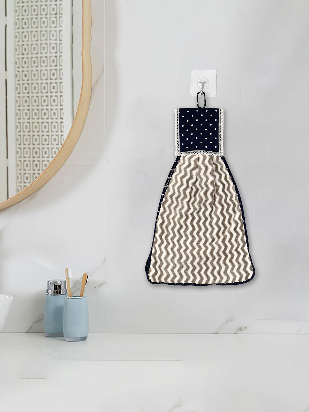 Kuber Industries Grey & White Zig Zag Washbasin Hanging Kitchen Towel With Ties